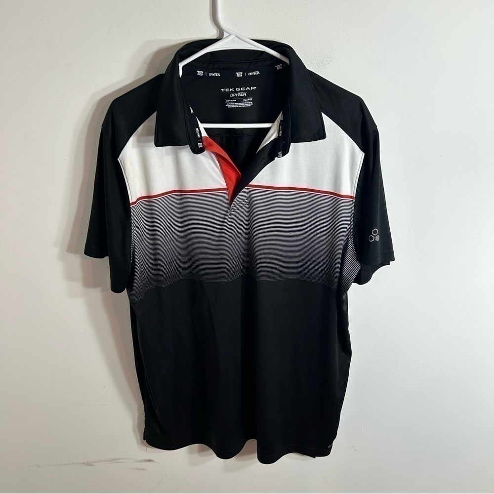 Tek Gear Black Silky Polo XL Shirt Red Striped Men’s Golf Career Short Sleeve